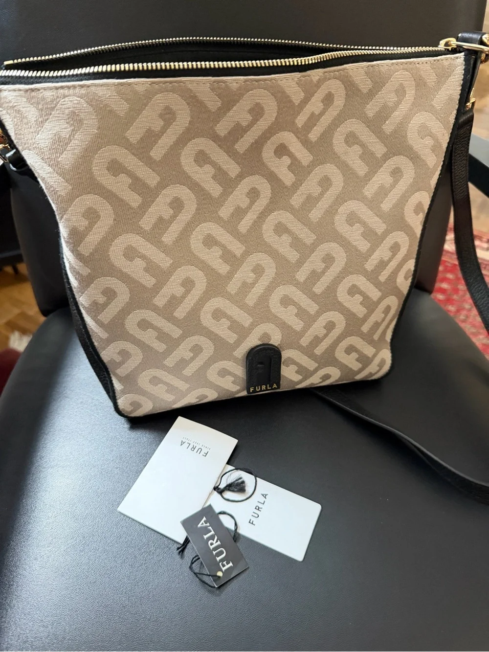 Furla Black Leather & Beige Logo Canvas Messenger Bag